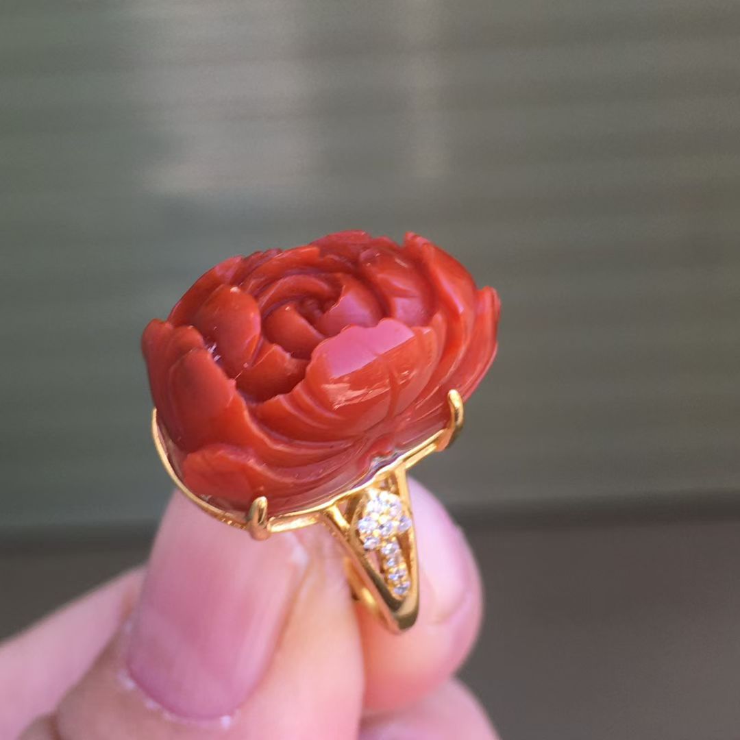 S925纯银镀金天然红玛瑙牡丹花戒指复古国风雕刻开口女指环