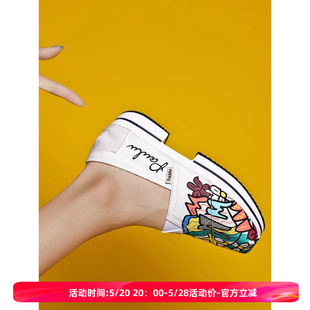 汤姆斯女鞋 Tt&Mm 休闲懒人松糕布鞋 涂鸦韩版 一脚蹬厚底白色帆布鞋