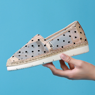 汤姆斯女鞋 一脚蹬软底休闲草编渔夫鞋 夏季 网纱波点布鞋 新款 Tt&Mm