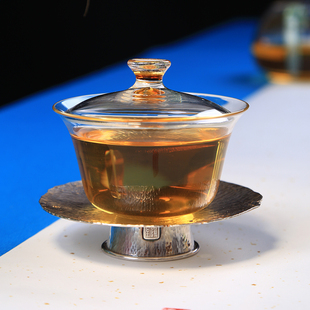 自慢堂官方授权店玻璃三才盖碗高硼硅泡茶碗银托大号盖碗功夫茶具