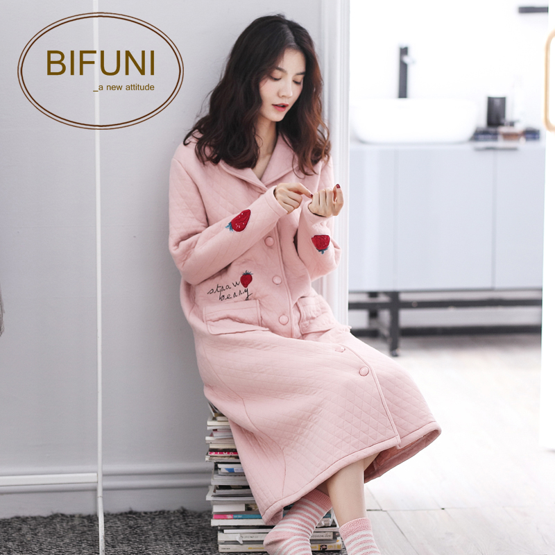 睡衣女秋冬季长袖纯棉夹层家居服睡裙韩版加厚保暖夹棉长款睡袍10-19新券