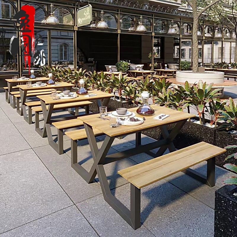 户外桌椅休闲商业庭院烧烤公园露台塑木防腐木美食街连体桌椅组合