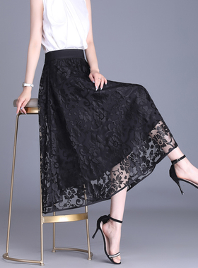 裙子春夏黑色水溶蕾丝网纱半身裙女2026新款高腰a字洋气中长0327z