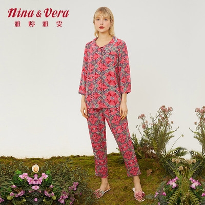 睡衣女春夏季长袖家居服短袖长裤套装薄棉绸冰丝中老年妈妈春秋款