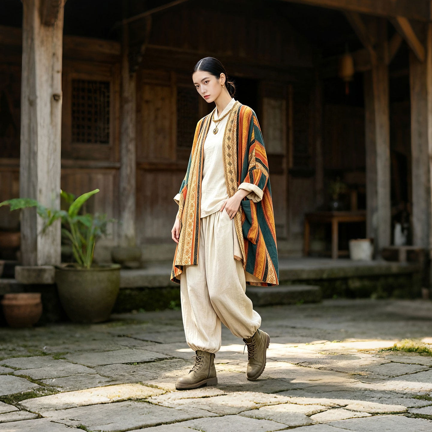 民族风条纹棉麻开衫女春秋宽松