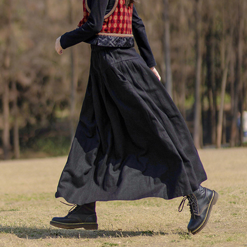 半身裙女秋冬2025新款文艺休闲宽松显瘦黑色百搭亚麻a字大摆长裙