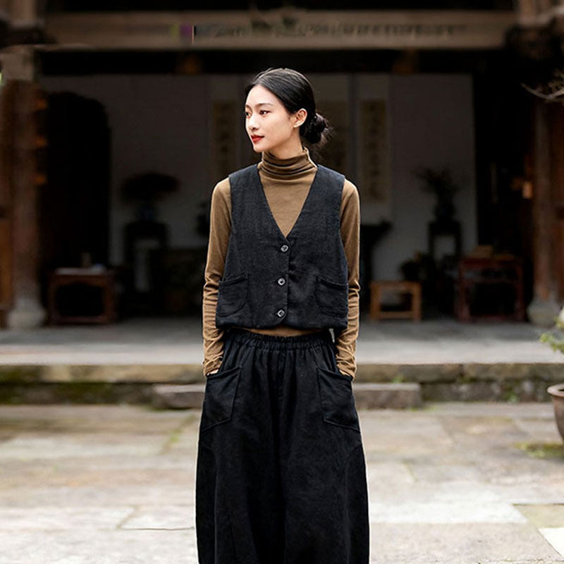 棉麻马甲女冬文艺复古V领宽松纯色百搭短款夹棉保暖叠穿背心外套