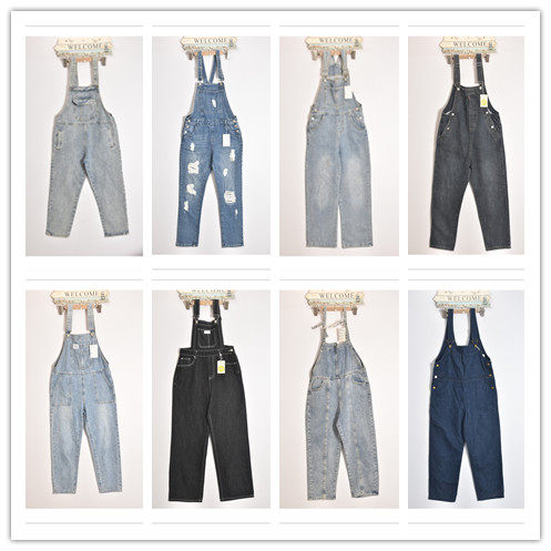 古着vintage吊带背带裤水洗做旧牛仔裤高腰宽松直筒女装工装裤10