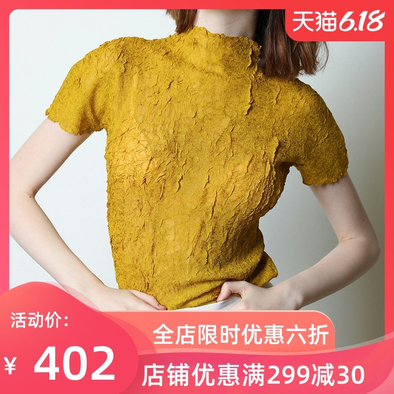 。气质高领短袖上衣女2020春夏简约修身三宅褶皱一生t恤打底衫女