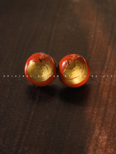 颜大玖原创《金柿》大漆工艺手绘柿子15mm半球耳钉-手作木胎漆器