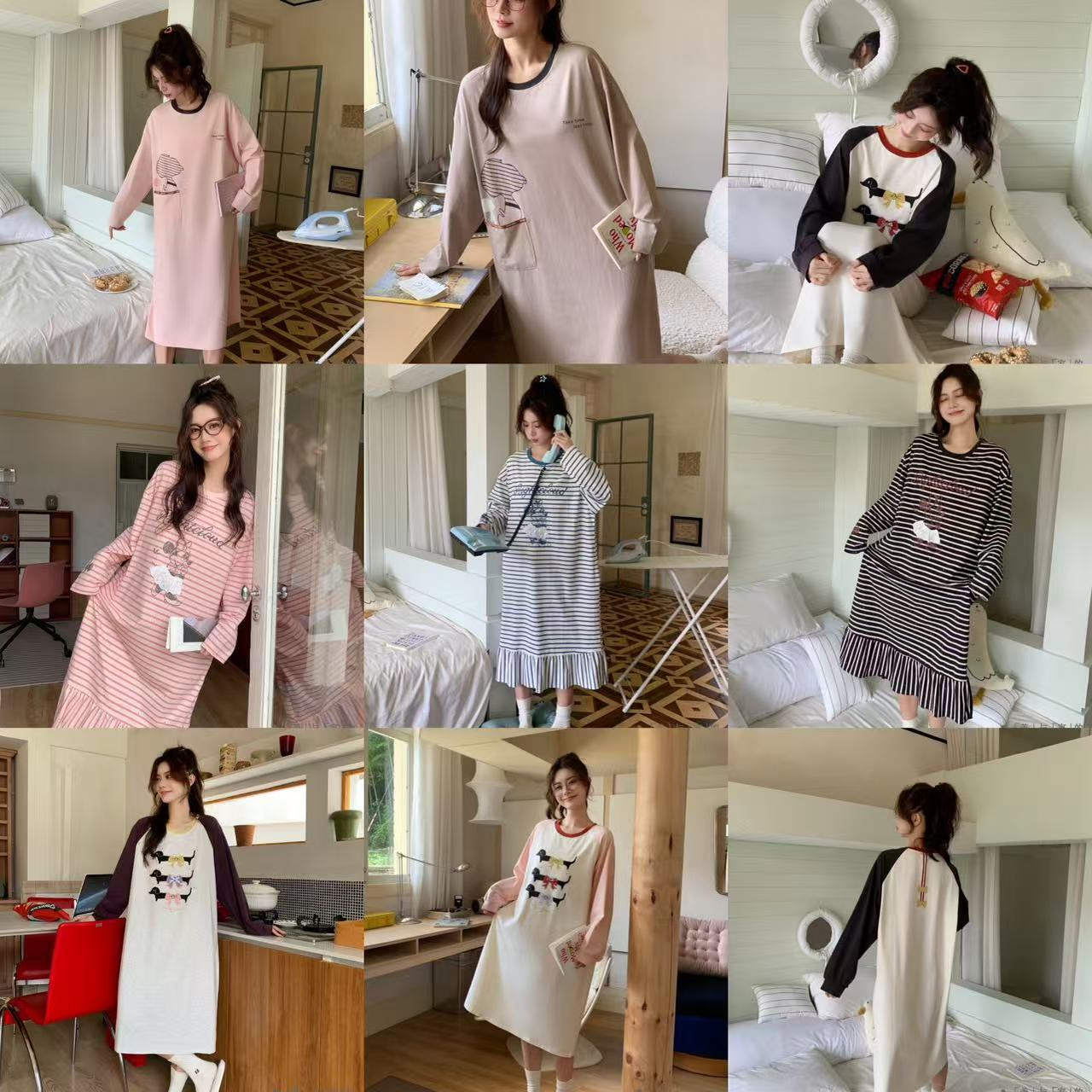女款韩版秋长袖甜美轻羽棉睡衣裙