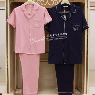丽而倩2019春夏新款情侣家居服纯色莫代尔棉男女针织短袖长裤套装