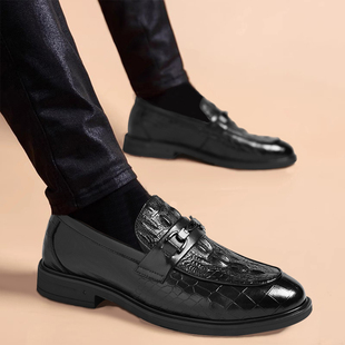 皮鞋男款2025新款商务休闲增高真皮鳄鱼纹一脚蹬英伦风高端男鞋潮