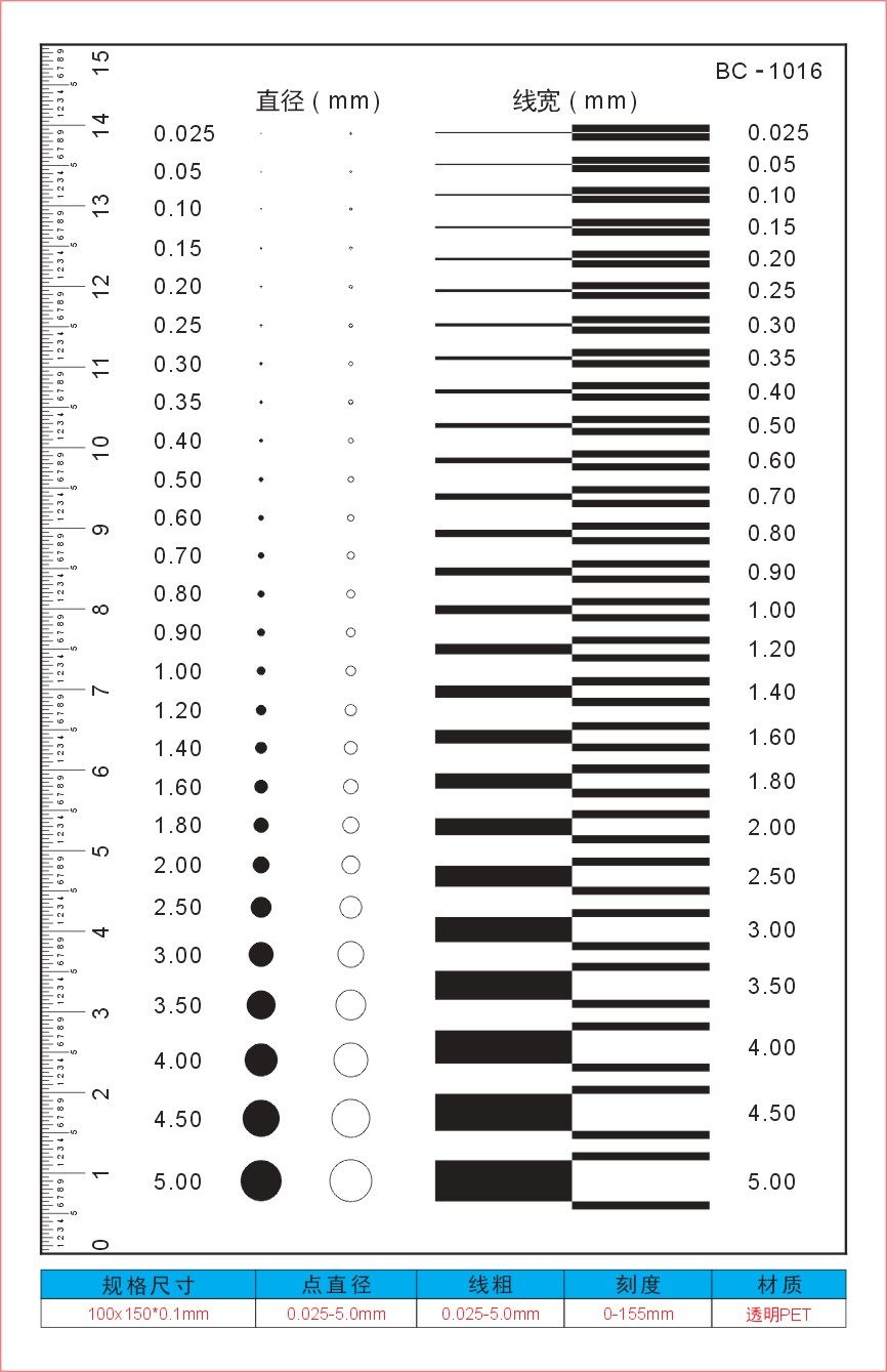 bc-1016菲林点规菲林尺线径卡透明0.025-5.00直径测量带直尺测量