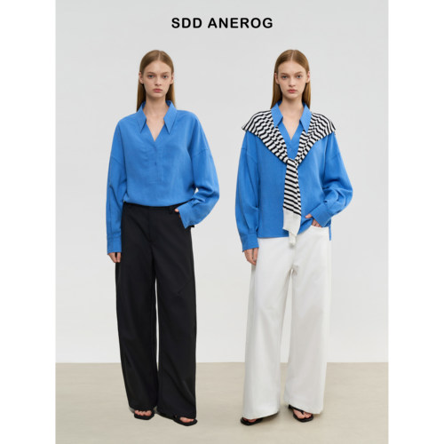 Sdd Anerog 秋季新品亚麻披肩翻领衬衫休闲复古老钱风衬衣外套女