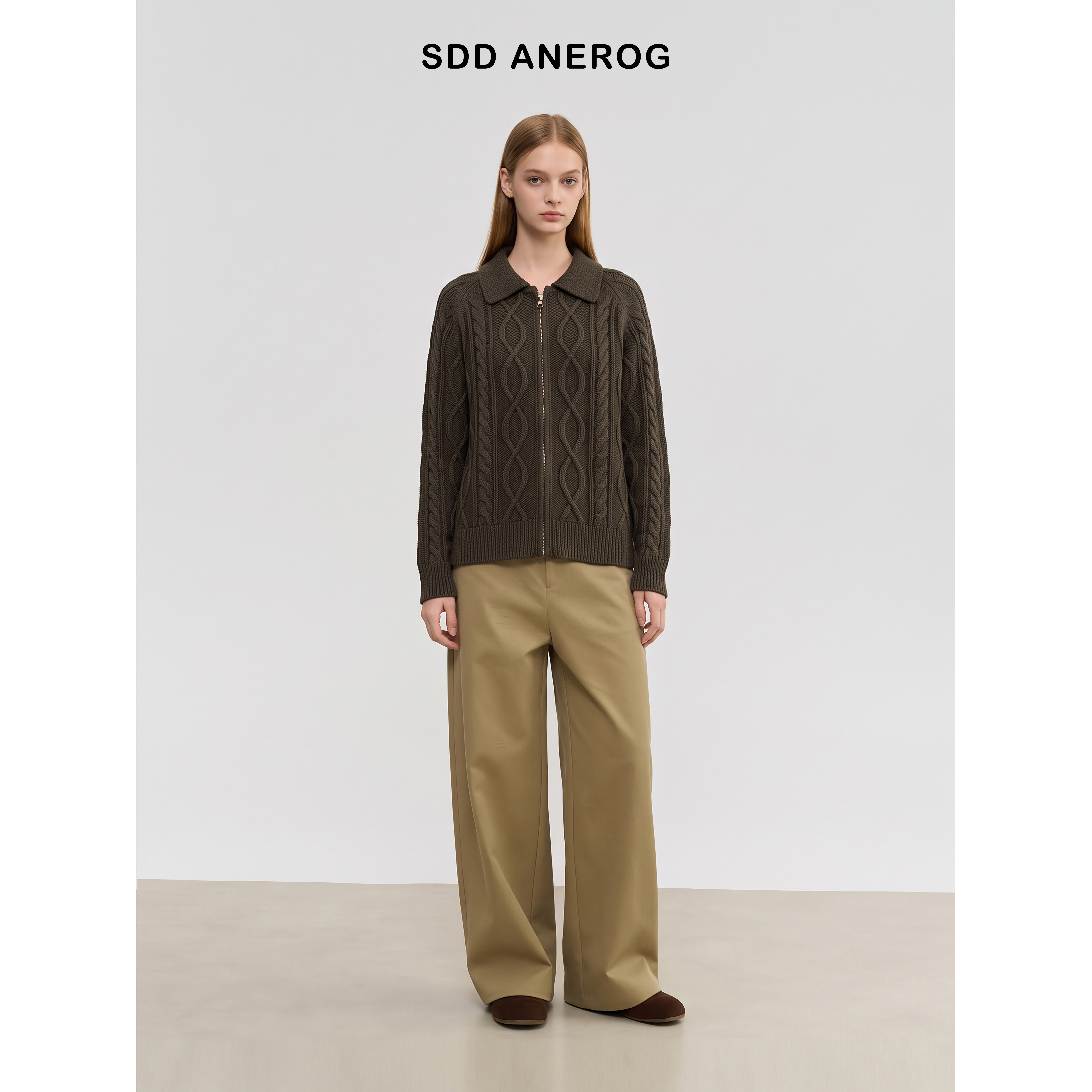 Sdd Anerog秋冬翻领复古麻花插肩袖宽松休闲百搭拉链针织开衫女