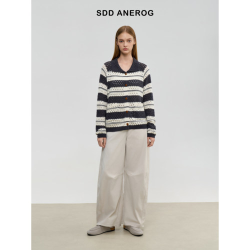 Sdd Anerog秋季新款条纹翻领针织镂空外套老钱复古针织毛衣长袖女
