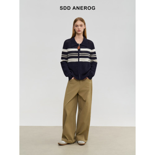 Sdd Anerog 秋季条纹翻领镂空拉链老钱风外套女针织开衫毛衣外套