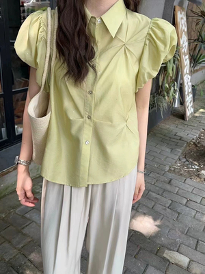 韩系设计感小众泡泡袖衬衫女2025春季新款时尚百搭显瘦减龄上衣