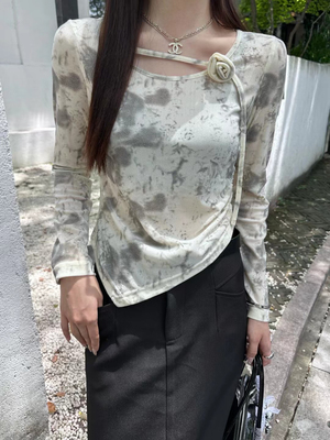 韩版设计感立体花扎染针织打低衫女2024秋季新款百搭收腰别致上衣
