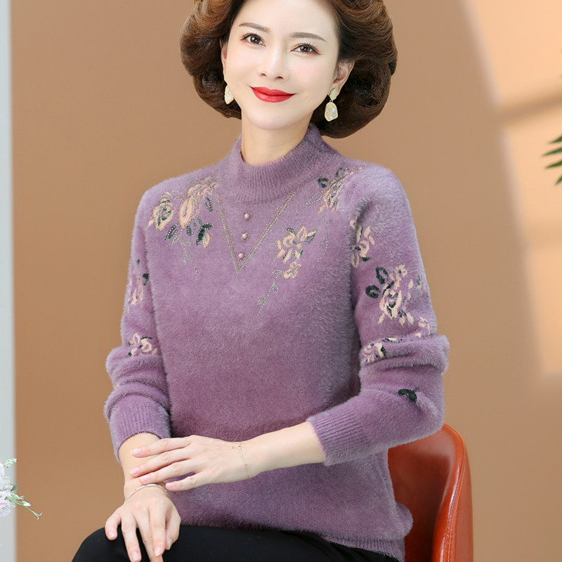 妈妈毛衣女加绒加厚老年人保暖内搭上衣中年女秋冬装水貂绒打底衫