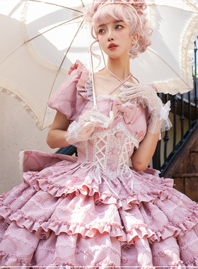 泡芙蔷薇OP洛丽塔公主裙蝴蝶结拖尾洋装连身裙豹了个猫原创lolita