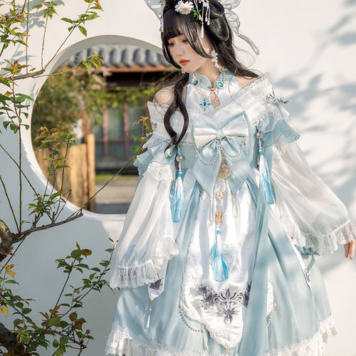 中华风鹿与昙花优雅流苏连衣裙