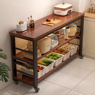 实木厨房移动置物架落地带轮子切菜桌工作台多功能餐边长桌窄边柜