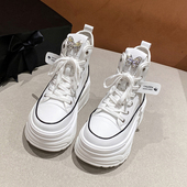 2026新款 水钻蝴蝶高帮厚底帆布鞋 女小个子8cm增高松糕粉色休闲鞋