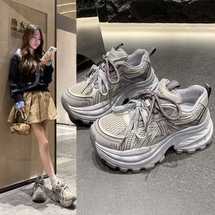 2026年春新款轻便女鞋8cm增高厚底老爹鞋网面透气运动休闲鞋女潮