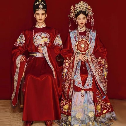 出租明制汉服婚服凤冠霞帔拖尾中式婚礼宋制结婚嫁衣新娘定制租赁