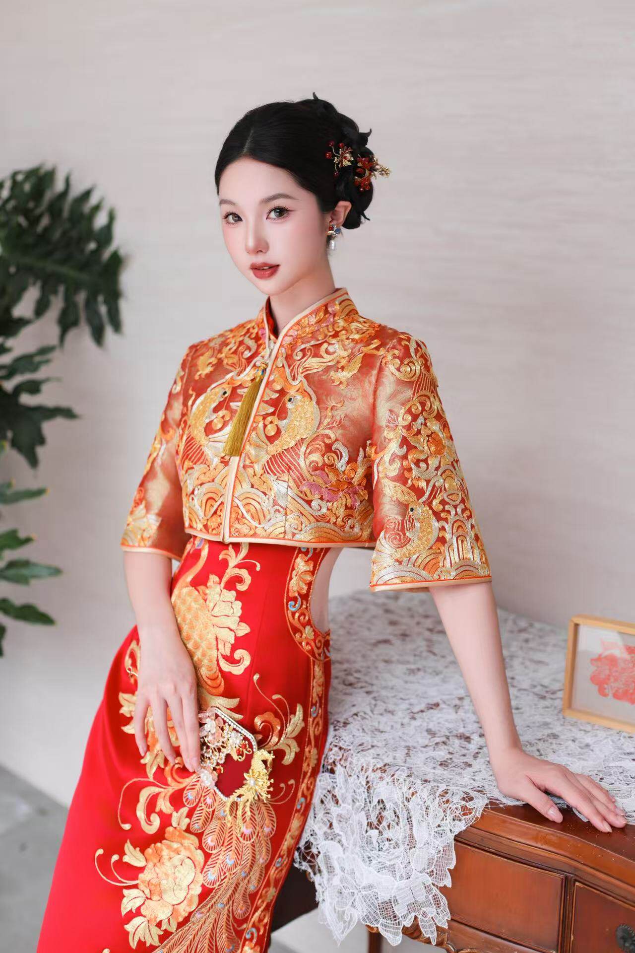 租赁新中式红色旗袍带外套拖尾敬酒服新娘订婚礼服龙凤褂秀禾出租