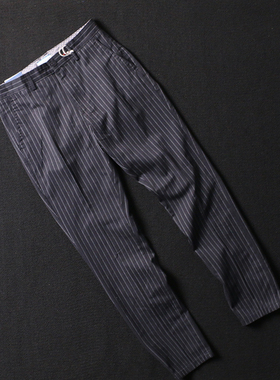 外贸欧美单 秋款男 黑色纯棉条纹修身小直筒 英伦薄款休闲西装裤