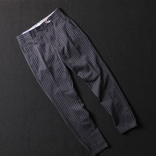 黑色纯棉条纹修身 小直筒 英伦薄款 外贸欧美单 裤 男 休闲西装 秋款