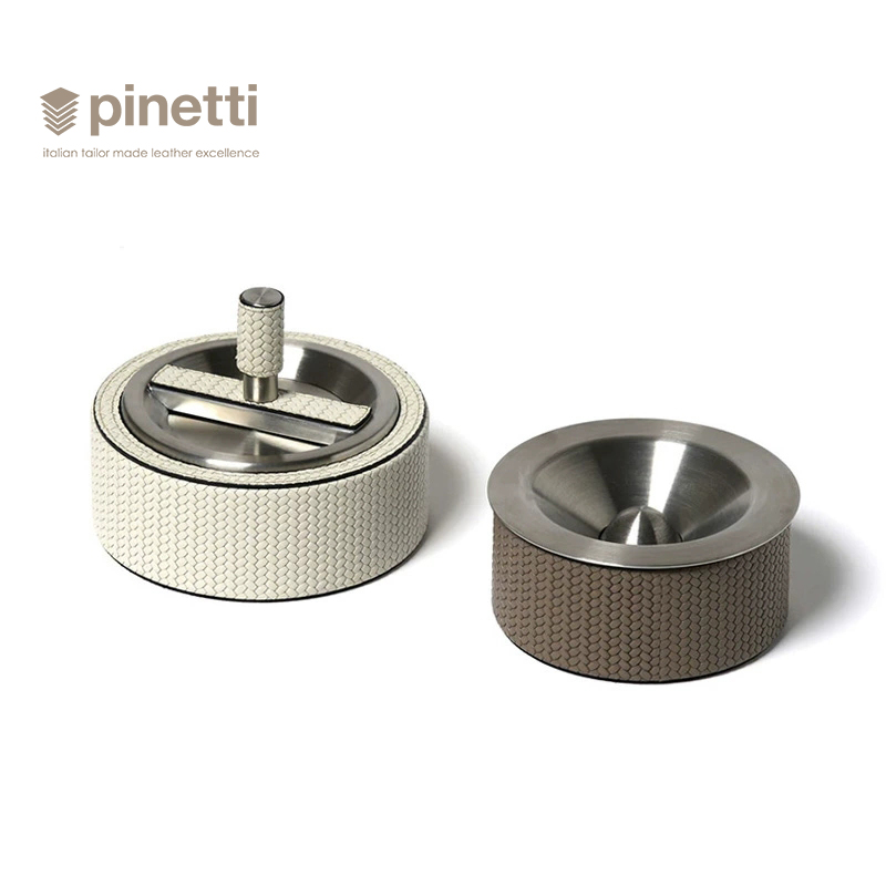 【烟灰缸】Pinetti意大利原装手工小牛皮饰镜面不锈钢防风 雪茄缸