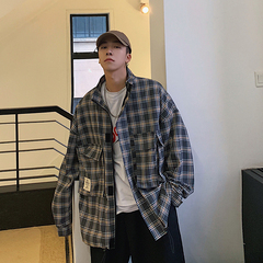 Plaid retro Japanese plaid jacket with three-dimensional pocket label decoration