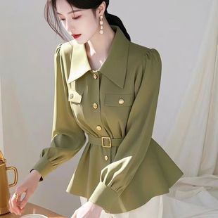 法式衬衣女款2025春季新款爆款轻奢高级感气质收腰橄榄绿衬衫上衣