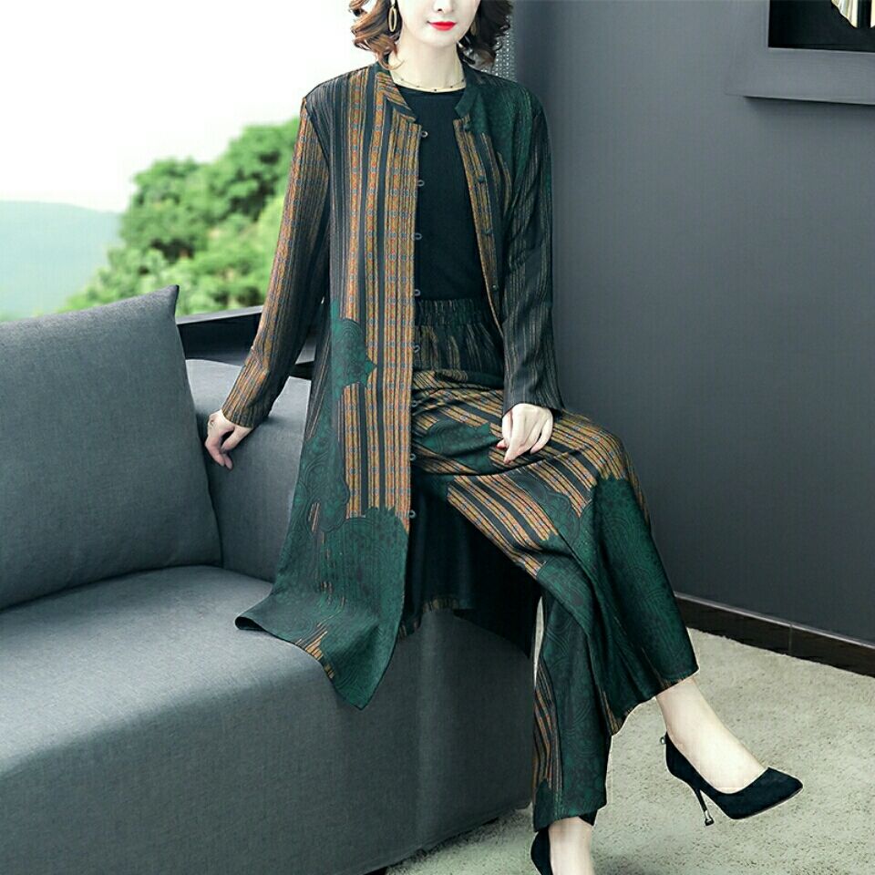 2023秋季新款大码女装开衫上衣宽松阔腿裤两件套时尚复古气质套装