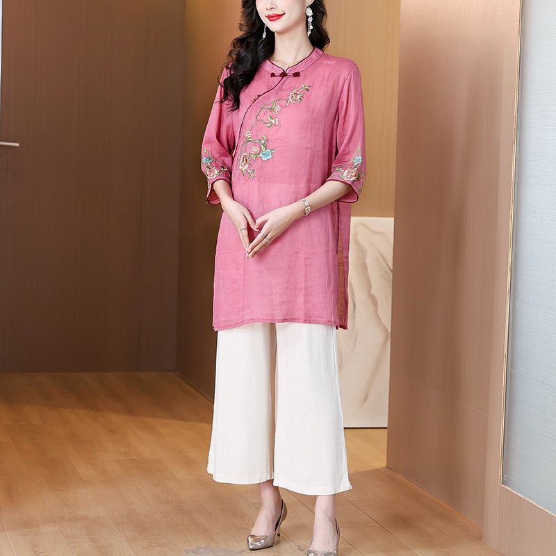 新中式女装新款立领盘扣重工刺绣苎麻中长款高开叉上衣女套装