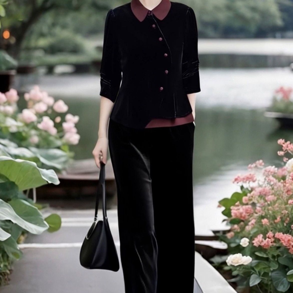 轻熟优雅新款洋气高贵撞色拼接金丝绒上衣+松紧腰裤子两件套