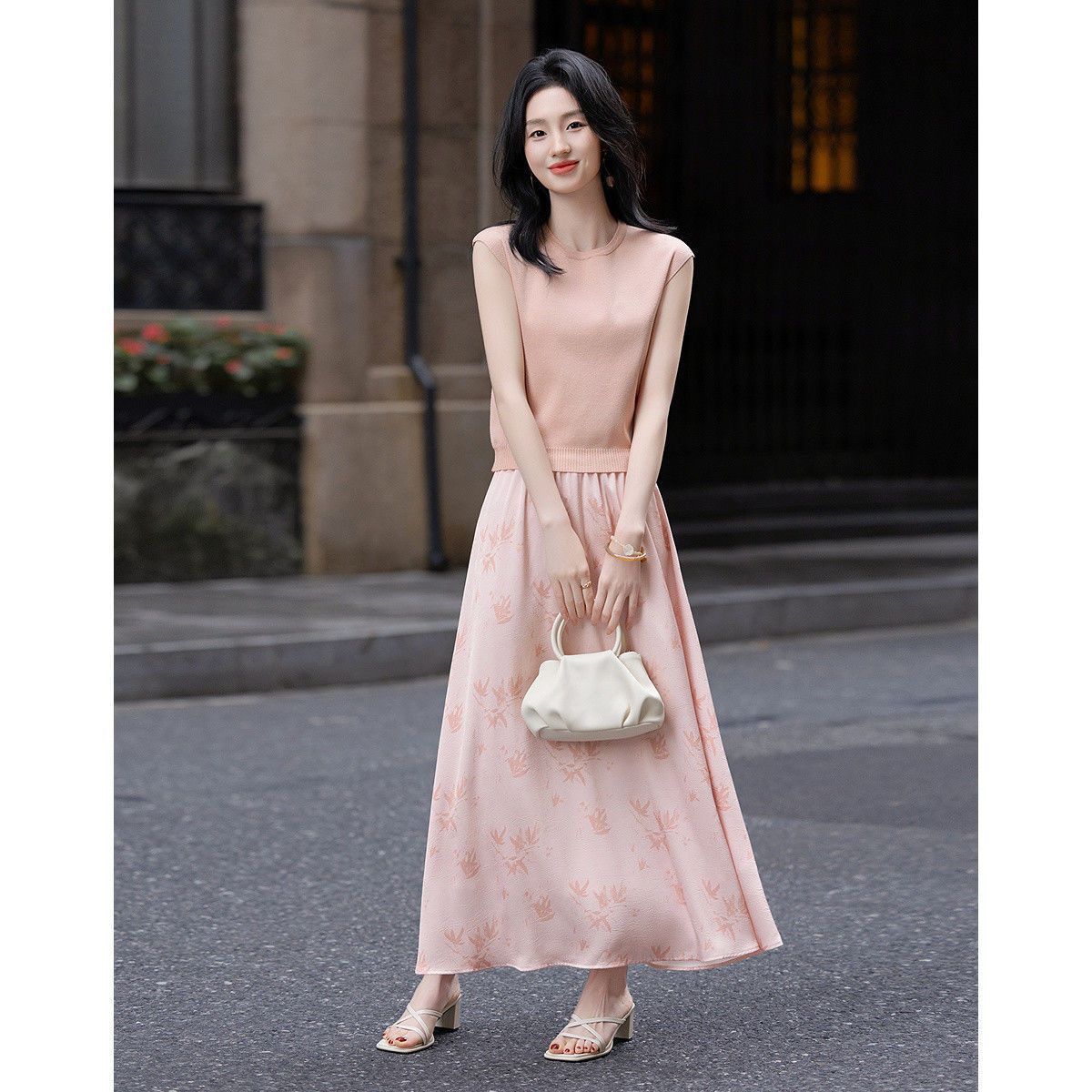 套装春季名媛新中式无袖针织上衣印花A字半身裙女