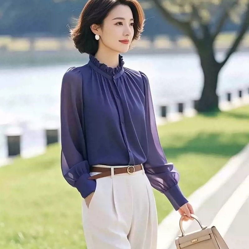 气质宽松洋气小衫超好看独特漂亮紫色长袖雪纺衬衫2025新款女春季