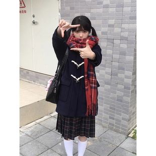 JK制服外套女秋冬小个子甜美学院风加绒加厚牛角扣毛呢连帽大衣女