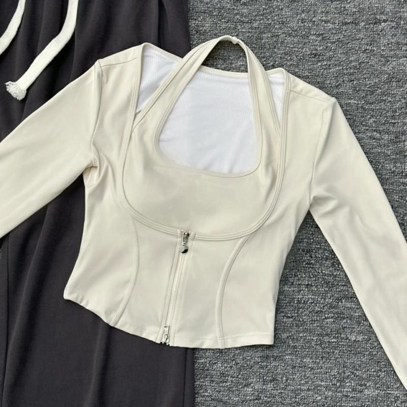 高级感瑜伽服长袖套装女新款带胸垫显瘦上衣假两件运动健身训练服