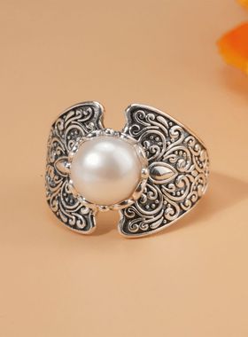 百搭盾牌戒指可调节汉服戒指浮雕指环气质唐草纹古装复古风尾戒