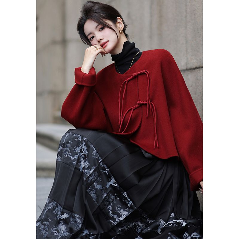 羊毛呢子外套女2023秋冬手工盘扣新中式国风短款双面呢羊绒大衣潮