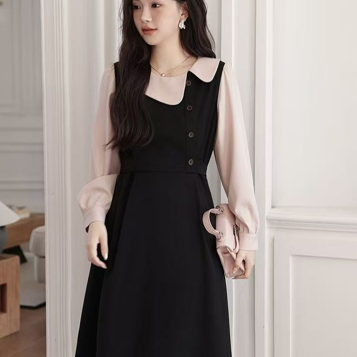 2025春秋季新款大码胖MM遮肉显瘦连衣裙气质长袖假两件显瘦小黑裙