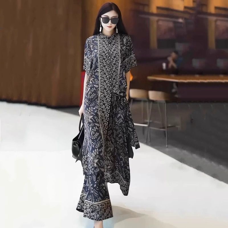 夏复古大码人丝印花长款开衫外搭宽松阔腿裤中式优雅气质两件套装