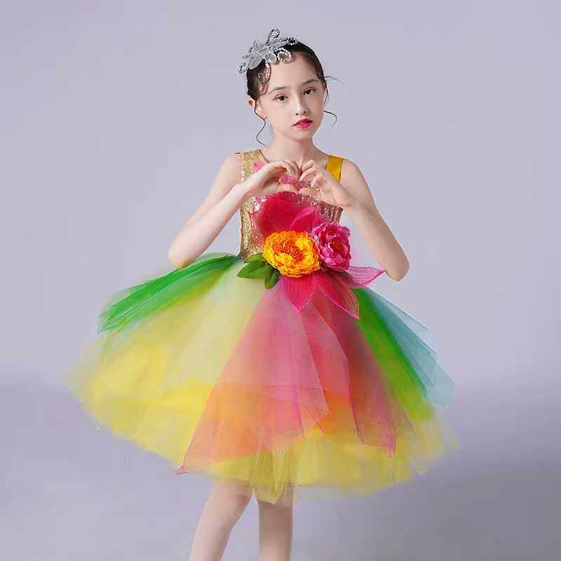 出租七彩小花朵儿童演出服蓬蓬裙女童花仙子舞蹈服纱裙六一合唱服