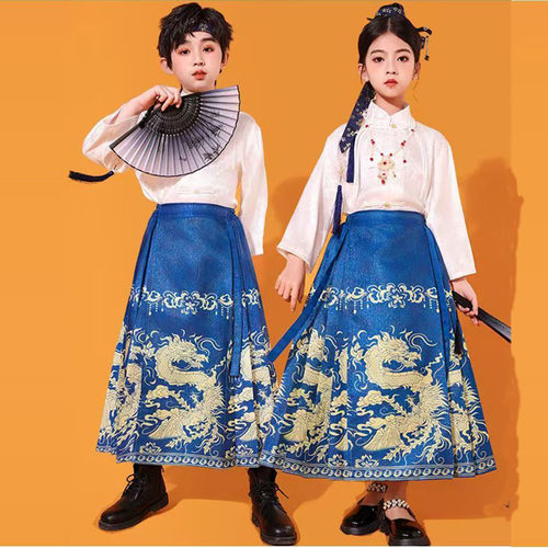 出租六一国庆合唱演出服汉服中国女童马面套装男童啦啦队合唱表演